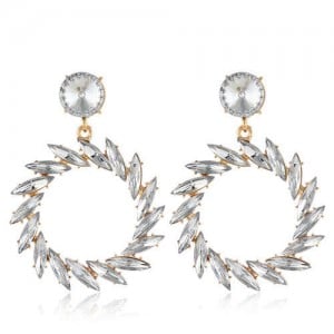 Resin Gems Floral Hoop Design Bold Fashion Women Wholesale Earrings - White
