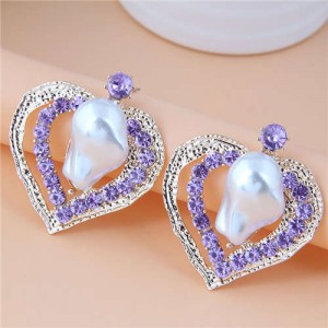 Irregular Pearl Inlaid Romantic Hollow Peach Heart Design Women Stud Wholesale Earrings - Violet