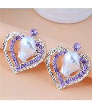 Irregular Pearl Inlaid Romantic Hollow Peach Heart Design Women Stud Wholesale Earrings - Violet