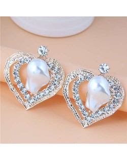 Irregular Pearl Inlaid Romantic Hollow Peach Heart Design Women Stud Wholesale Earrings - White