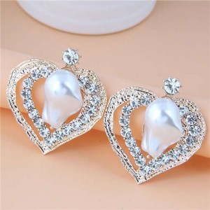 Irregular Pearl Inlaid Romantic Hollow Peach Heart Design Women Stud Wholesale Earrings - White