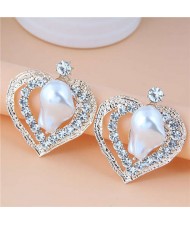 Irregular Pearl Inlaid Romantic Hollow Peach Heart Design Women Stud Wholesale Earrings - White