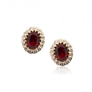 Red Austrian Crystal Inlaid Delicate Rhinestones Rimed Rose Gold Ear Studs