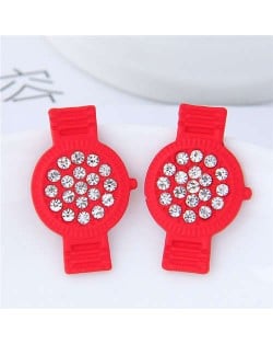 Rhinestone Embellished Cute Wrist Watch Design Alloy Women Stud Earrings - Red