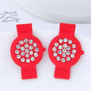 Rhinestone Embellished Cute Wrist Watch Design Alloy Women Stud Earrings - Red