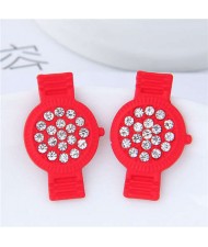 Rhinestone Embellished Cute Wrist Watch Design Alloy Women Stud Earrings - Red