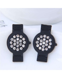 Rhinestone Embellished Cute Wrist Watch Design Alloy Women Stud Earrings - Black