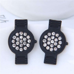 Rhinestone Embellished Cute Wrist Watch Design Alloy Women Stud Earrings - Black