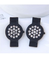 Rhinestone Embellished Cute Wrist Watch Design Alloy Women Stud Earrings - Black