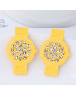 Rhinestone Embellished Cute Wrist Watch Design Alloy Women Stud Earrings - Yellow