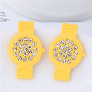 Rhinestone Embellished Cute Wrist Watch Design Alloy Women Stud Earrings - Yellow