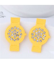 Rhinestone Embellished Cute Wrist Watch Design Alloy Women Stud Earrings - Yellow