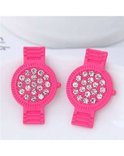 Rhinestone Embellished Cute Wrist Watch Design Alloy Women Stud Earrings - Rose