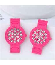 Rhinestone Embellished Cute Wrist Watch Design Alloy Women Stud Earrings - Rose