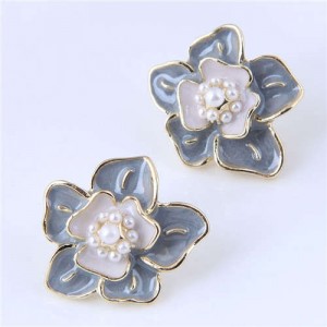 Elegant Oil-spot Glazed Flower Design Korean Fashion Wholesale Stud Earrings - Gray