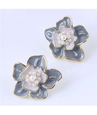 Elegant Oil-spot Glazed Flower Design Korean Fashion Wholesale Stud Earrings - Gray