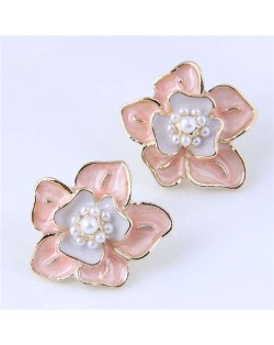 Elegant Oil-spot Glazed Flower Design Korean Fashion Wholesale Stud Earrings - Pink
