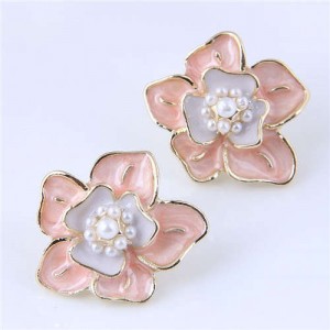 Elegant Oil-spot Glazed Flower Design Korean Fashion Wholesale Stud Earrings - Pink