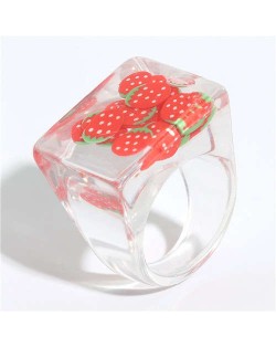 High Fashion Fruit Elements Inlaid Korean Bold Fashion Women Resin Ring - Red