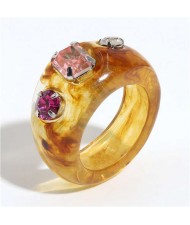 Colorful Gems Embellished Internet Celebrity Choice Vintage Fashion Resin Ring - Yellow