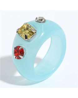 Colorful Gems Embellished Internet Celebrity Choice Vintage Fashion Resin Ring - Blue