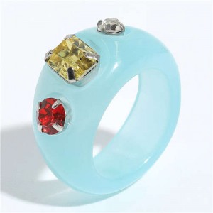 Colorful Gems Embellished Internet Celebrity Choice Vintage Fashion Resin Ring - Blue