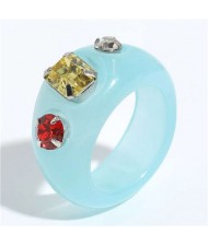 Colorful Gems Embellished Internet Celebrity Choice Vintage Fashion Resin Ring - Blue