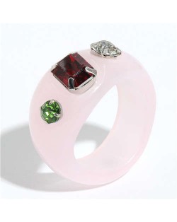 Colorful Gems Embellished Internet Celebrity Choice Vintage Fashion Resin Ring - Pink