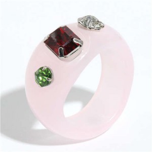 Colorful Gems Embellished Internet Celebrity Choice Vintage Fashion Resin Ring - Pink