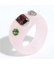 Colorful Gems Embellished Internet Celebrity Choice Vintage Fashion Resin Ring - Pink