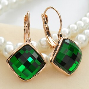 Green Square Austrian Crystal Rose Gold Rimmed Stud Earrings