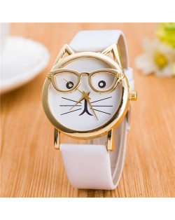 Cute Golden Glasses Cat Fashion Wrist Watch - White