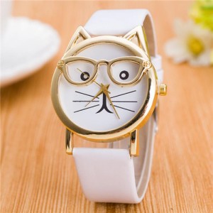 Cute Golden Glasses Cat Fashion Wrist Watch - White