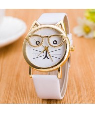Cute Golden Glasses Cat Fashion Wrist Watch - White