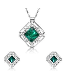 Cubic Zirconia Embellished Hollow Square Design Bridal Fashion Women Jewelry Set - Green