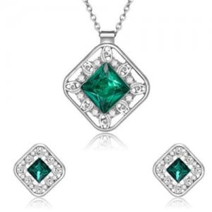 Cubic Zirconia Embellished Hollow Square Design Bridal Fashion Women Jewelry Set - Green