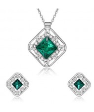 Cubic Zirconia Embellished Hollow Square Design Bridal Fashion Women Jewelry Set - Green