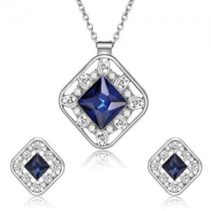 Cubic Zirconia Embellished Hollow Square Design Bridal Fashion Women Jewelry Set - Blue