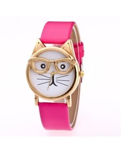 Cute Golden Glasses Cat Fashion Wrist Watch - Rose