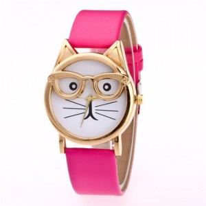 Cute Golden Glasses Cat Fashion Wrist Watch - Rose