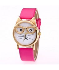 Cute Golden Glasses Cat Fashion Wrist Watch - Rose