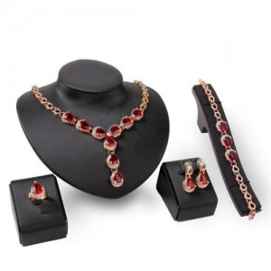 Red Gems Embellished 4pcs Bridal Fashion Women Jewelry Set