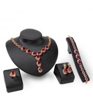 Red Gems Embellished 4pcs Bridal Fashion Women Jewelry Set