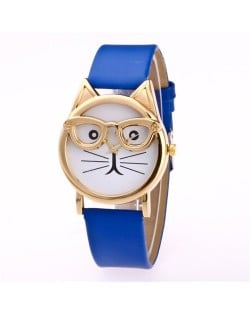 Cute Golden Glasses Cat Fashion Wrist Watch - Royal Blue