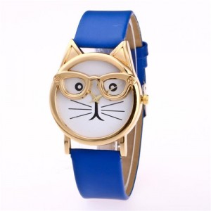 Cute Golden Glasses Cat Fashion Wrist Watch - Royal Blue