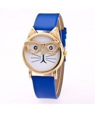 Cute Golden Glasses Cat Fashion Wrist Watch - Royal Blue