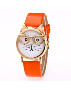 Cute Golden Glasses Cat Fashion Wrist Watch - Orange