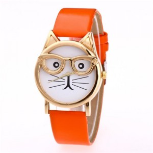 Cute Golden Glasses Cat Fashion Wrist Watch - Orange
