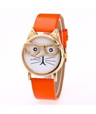 Cute Golden Glasses Cat Fashion Wrist Watch - Orange