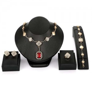 Red Gem Charm 4pcs Gorgeous Bridal Fashion Women Wholesale Jewelry Set